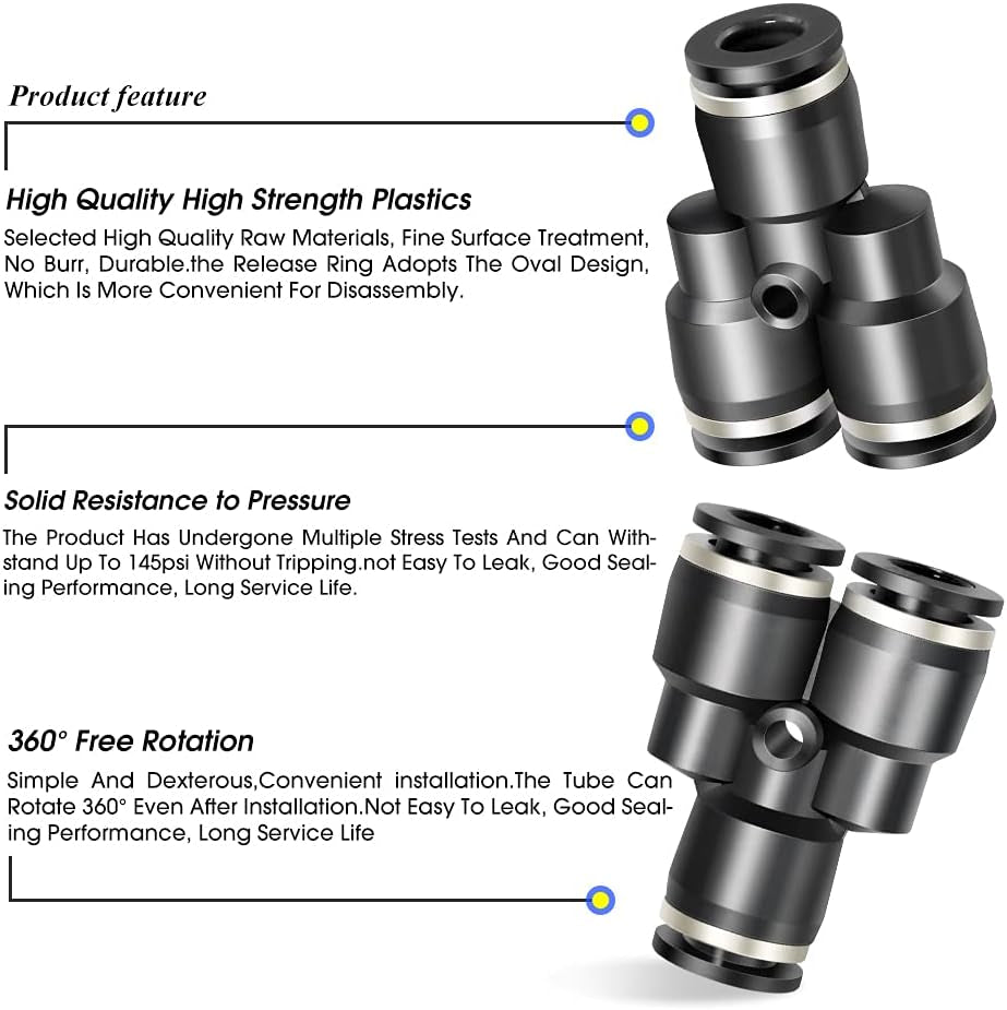 Black Y Spliter 3 Ways - 4MM Tube OD Push to Connect Tube Quick Fittings Push Lock PY-4 (Pack of 10)